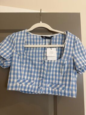 Zara Light Blue and White Gingham Crop Button Top